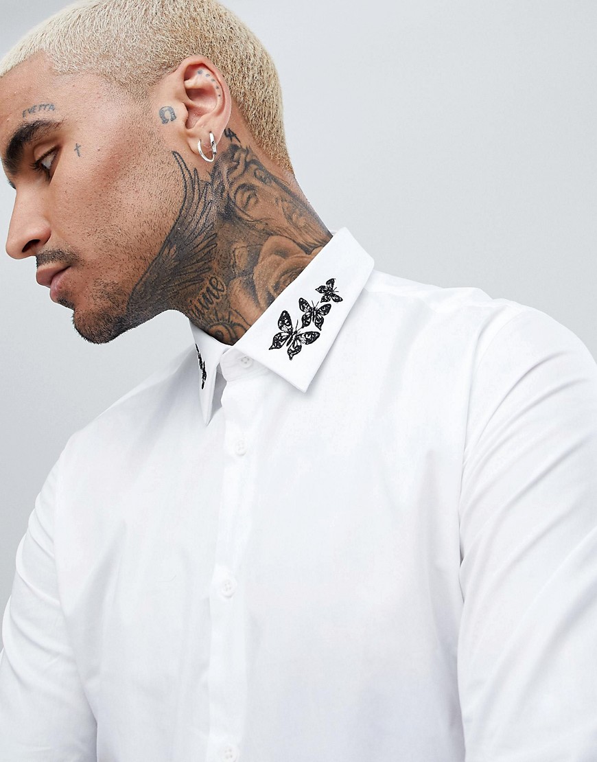 Devils Advocate Admiral Embroidered Collar Slim Fit Shirt - White