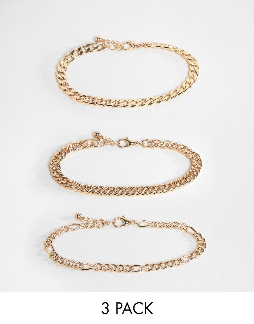 Asos Design 3 Pack Bracelets With Vintage Style Chains In Gold Tone