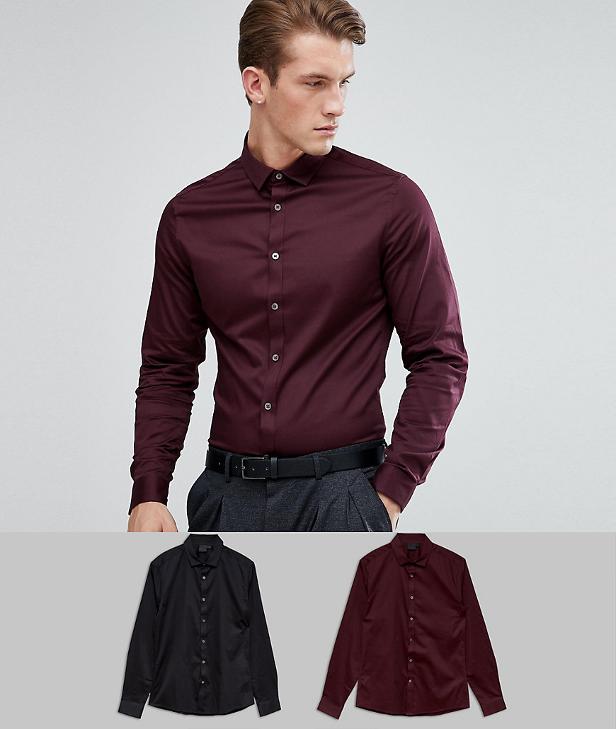 ASOS DESIGN slim sateen shirt multipack in black and burgundy