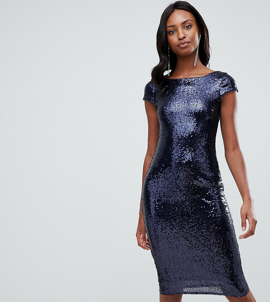 TFNC Tall sequin cap sleeve midi dress with open back in navy