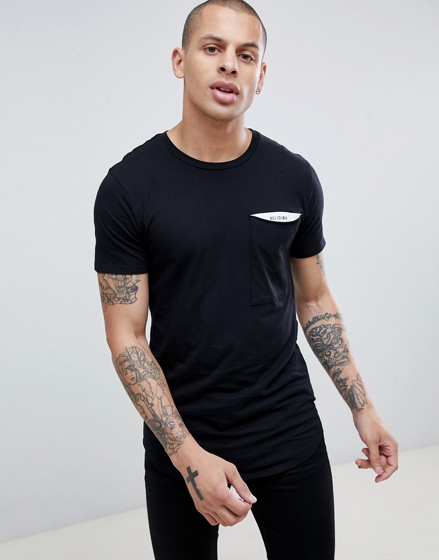 Religion muscle fit t-shirt with taped pocket in black