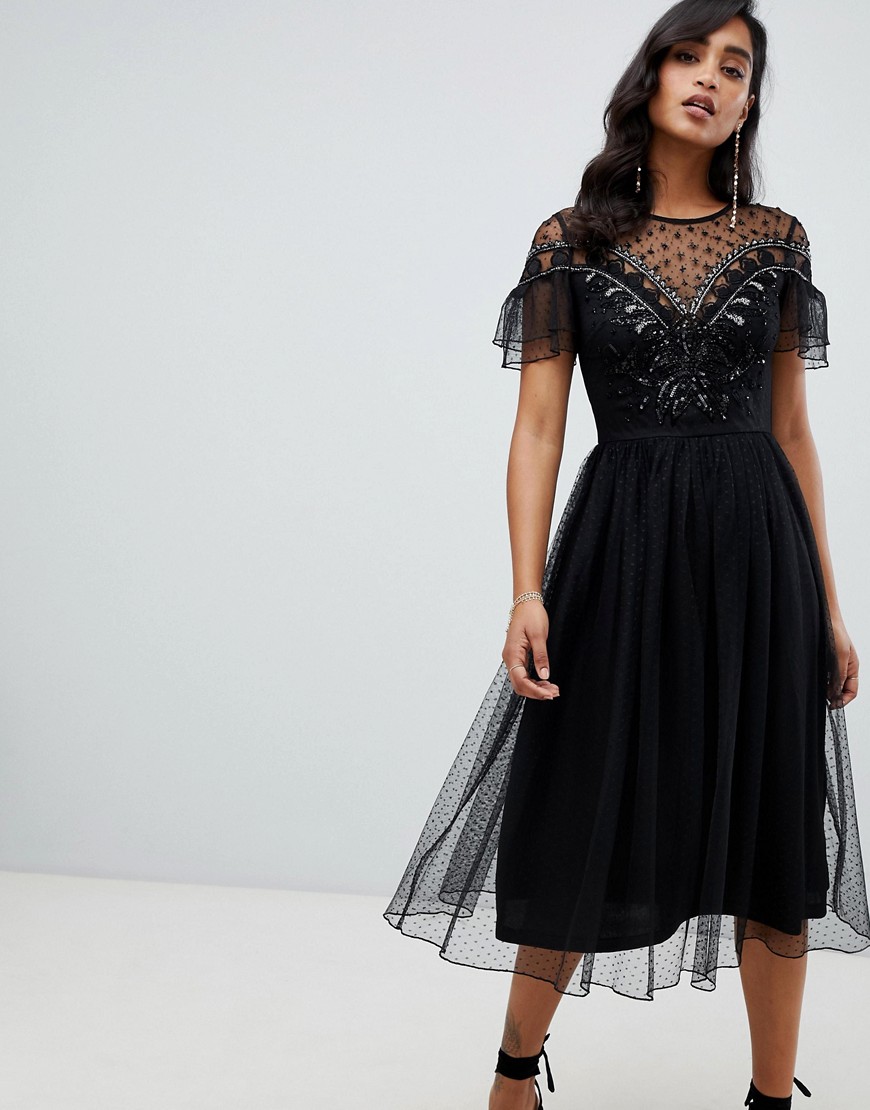 Frock And Frill mesh embellished midi dress in black
