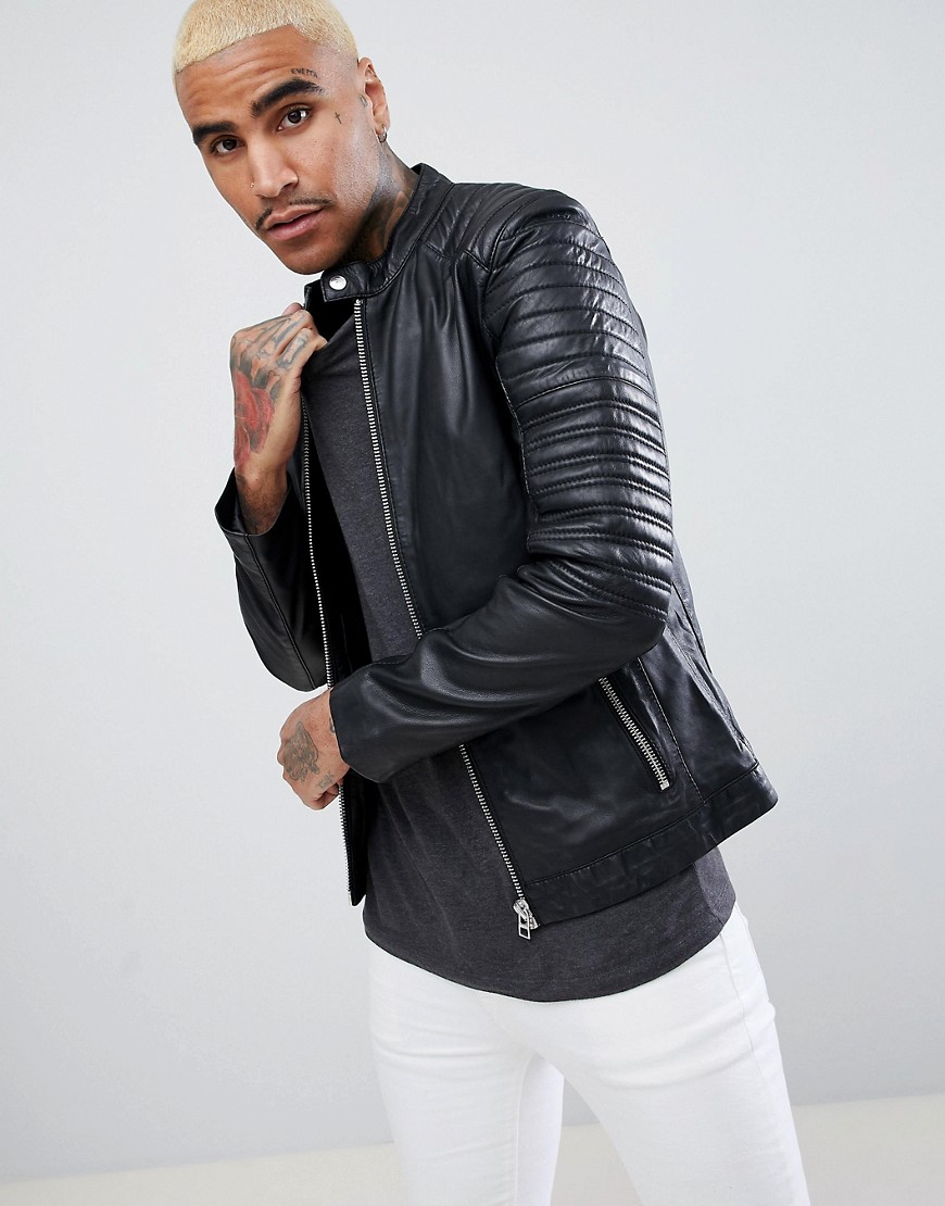 Goosecraft Turin Leather Biker with Quilted Shoulders in Black - Black