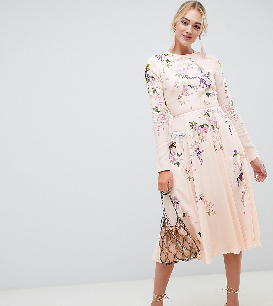 ASOS DESIGN Tall midi dress with pretty floral and bird embroidery