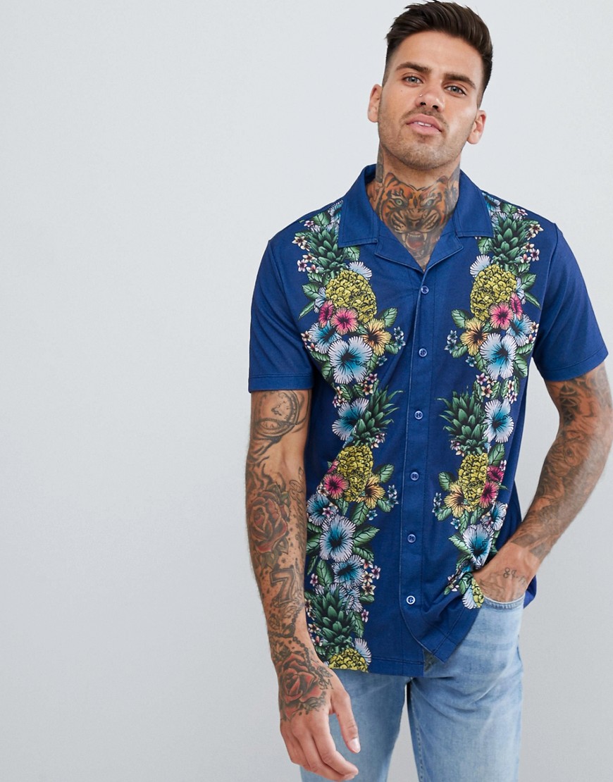Urban Threads Floral Print Revere Collar Shirt - Navy