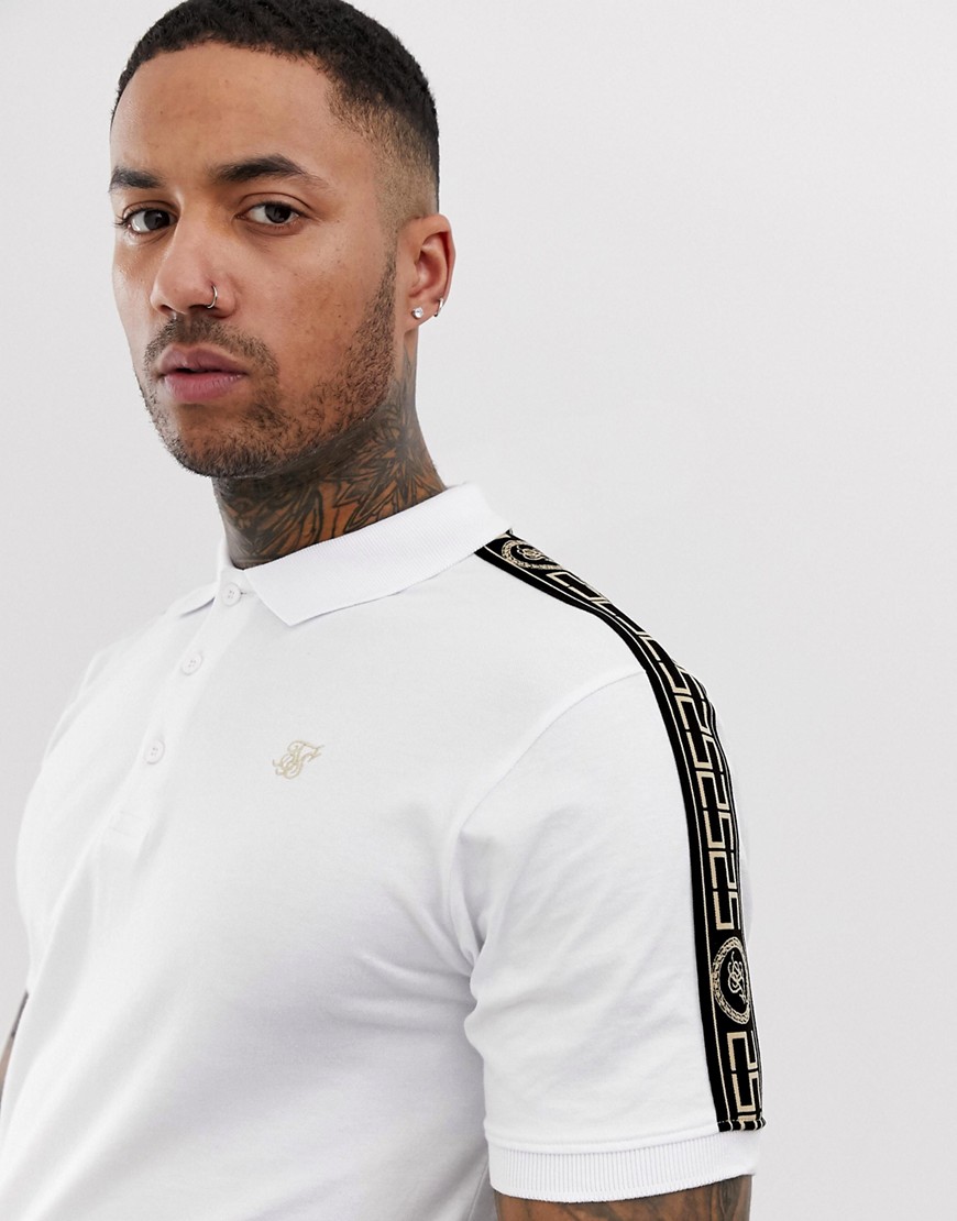 SikSilk polo shirt in white with gold side stripe