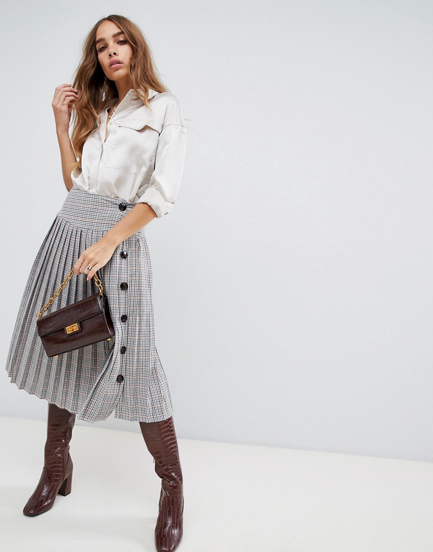 Neon Rose pleated midi skirt with button side in check - Grey check