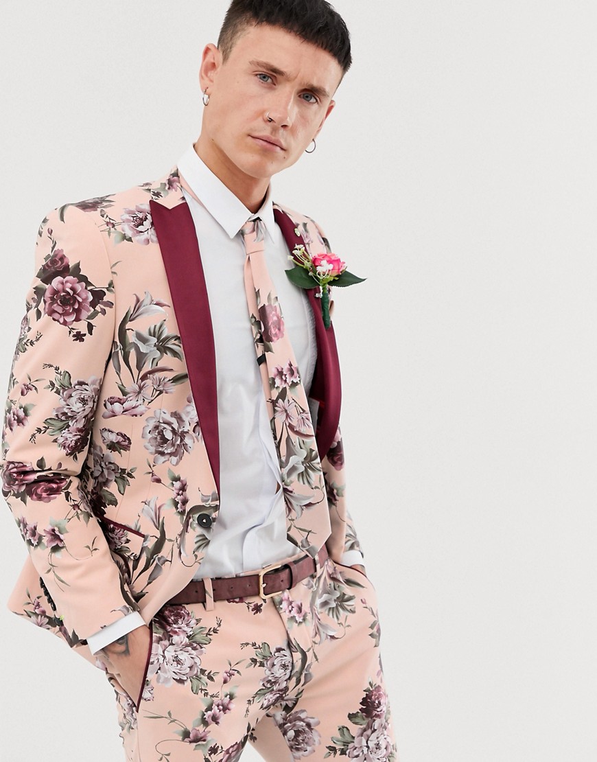 Twisted Tailor super skinny suit jacket in dusky pink floral