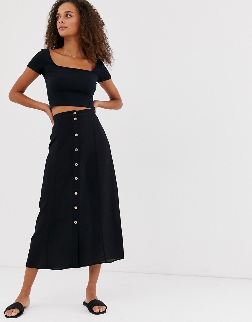 New Look button through midi skirt in black