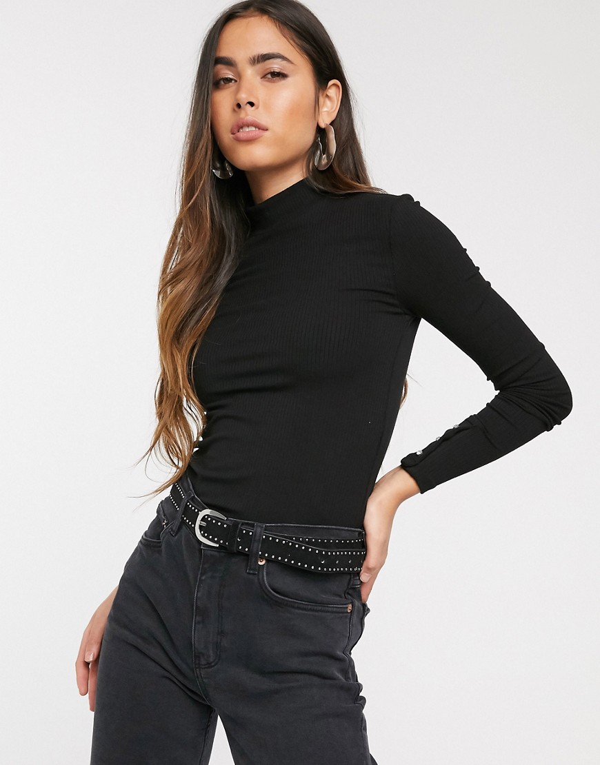 Stradivarius ribbed jersey top with embellished cuff detail in black