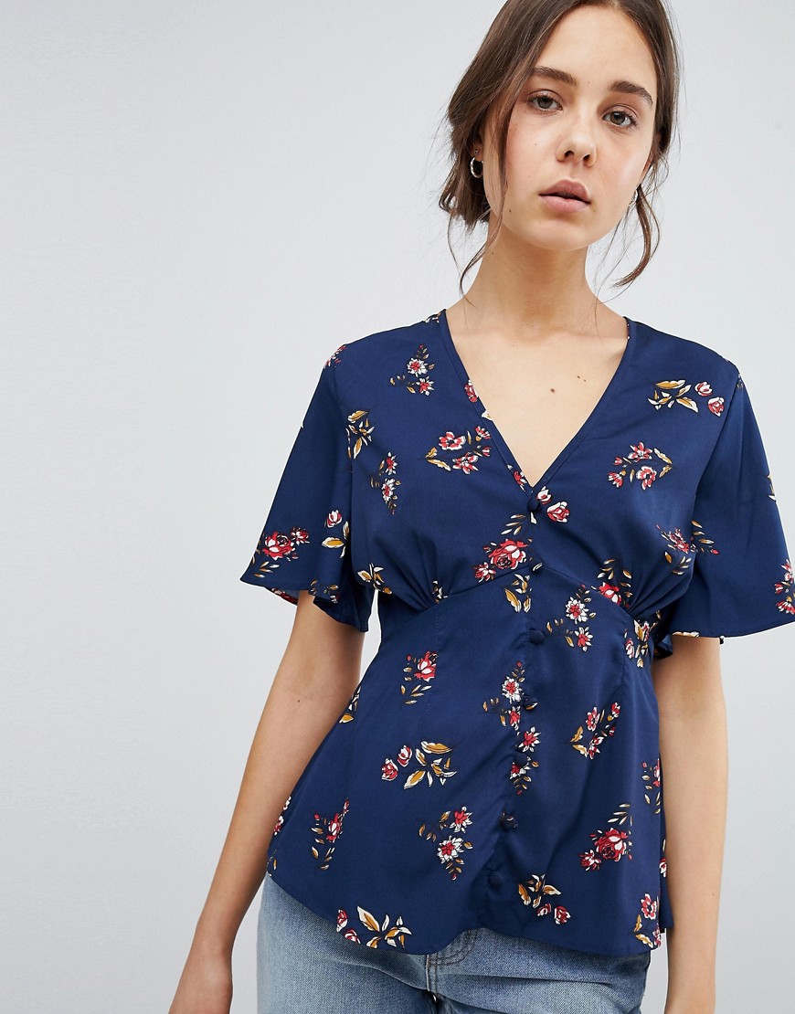 Influence Button Front Tea Blouse In Floral Print - Navy