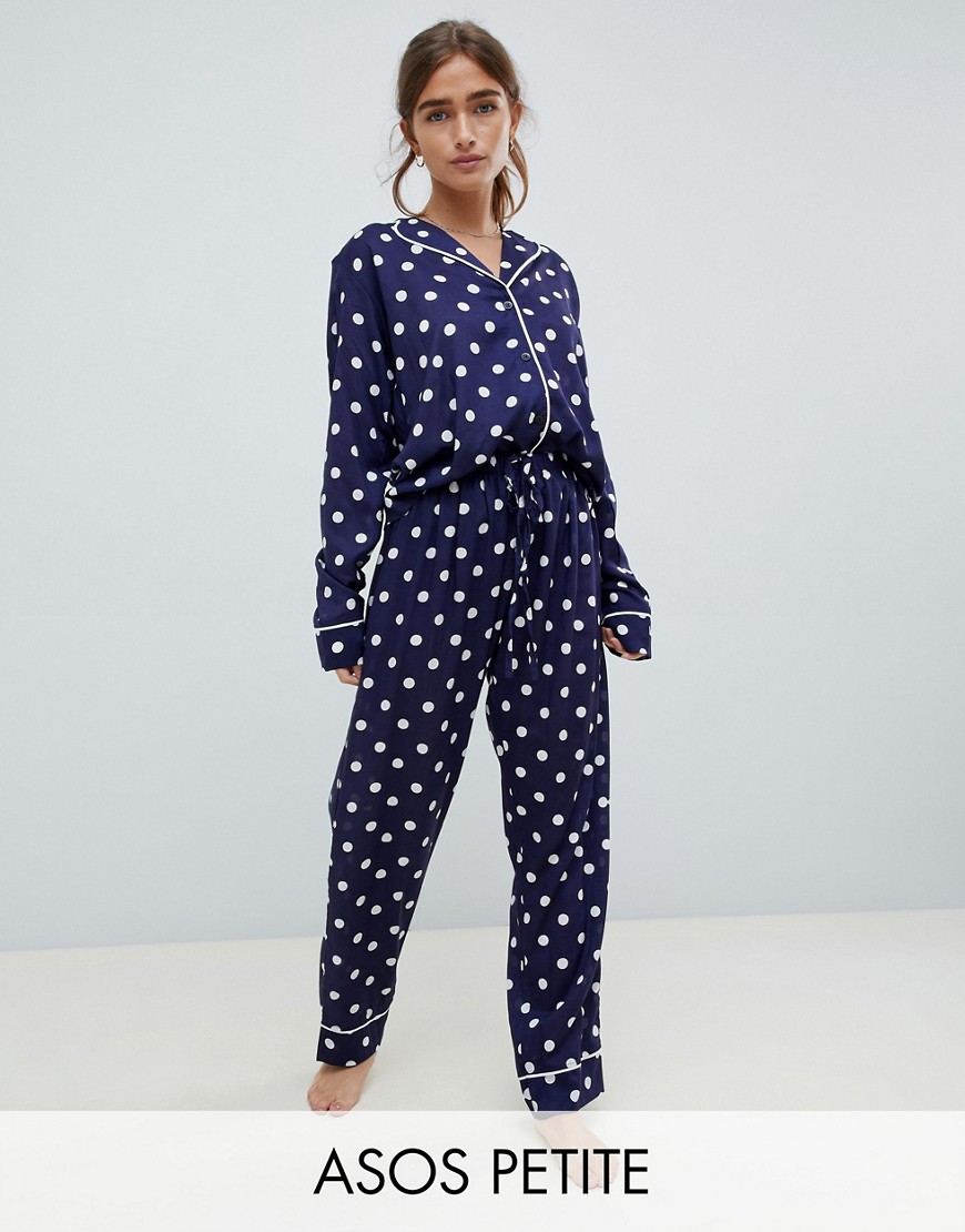 ASOS DESIGN Petite polka dot traditional 100% modal pyjama set - Navy