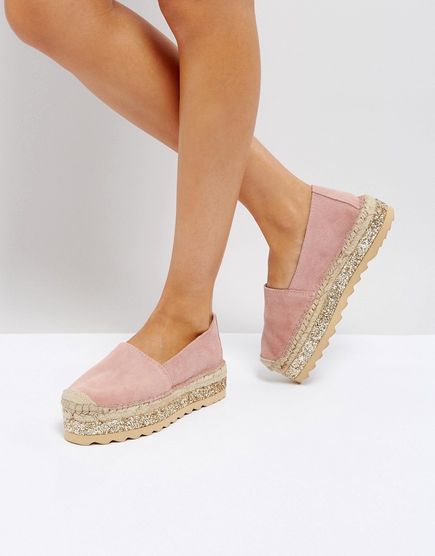 Pieces Leather Espadrilles with Glitter Contrast Sole - Cameo rose