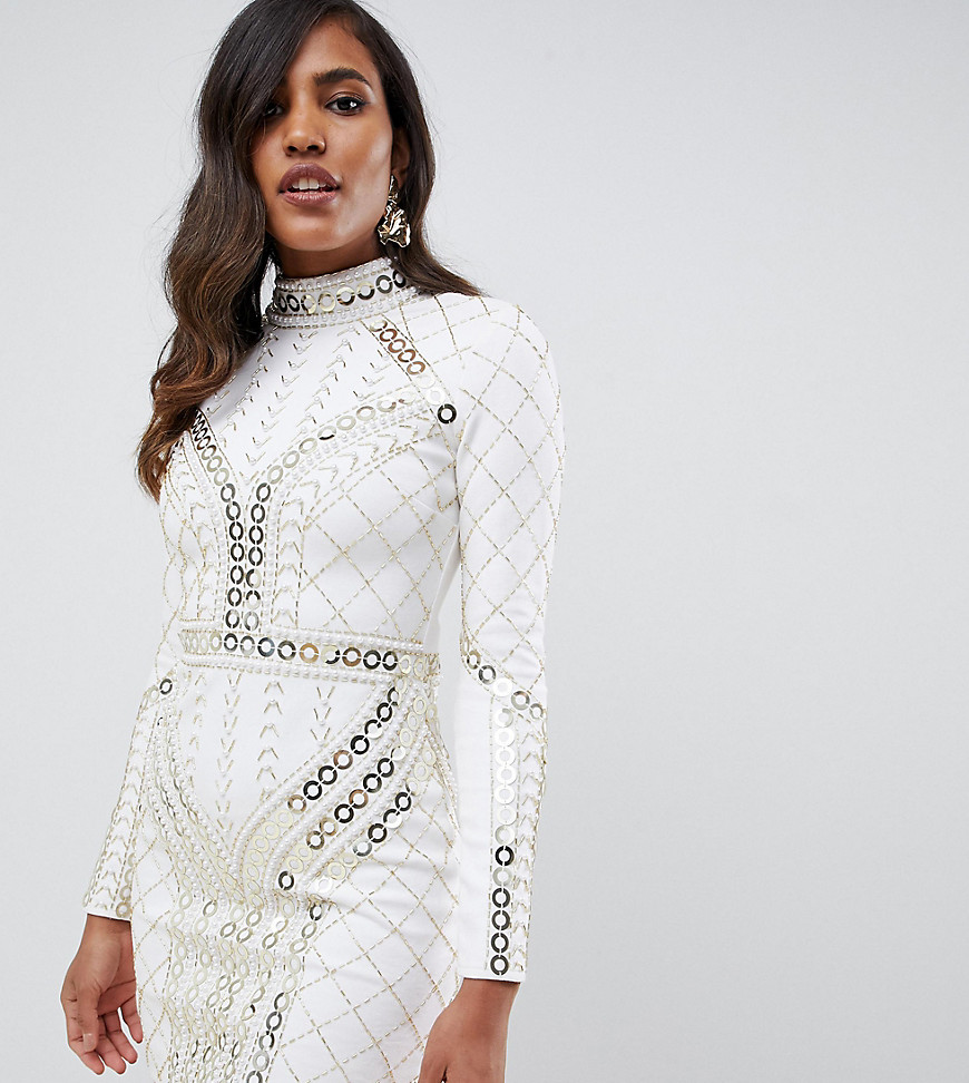 Starlet all over contrast embellished pencil dress in white and gold