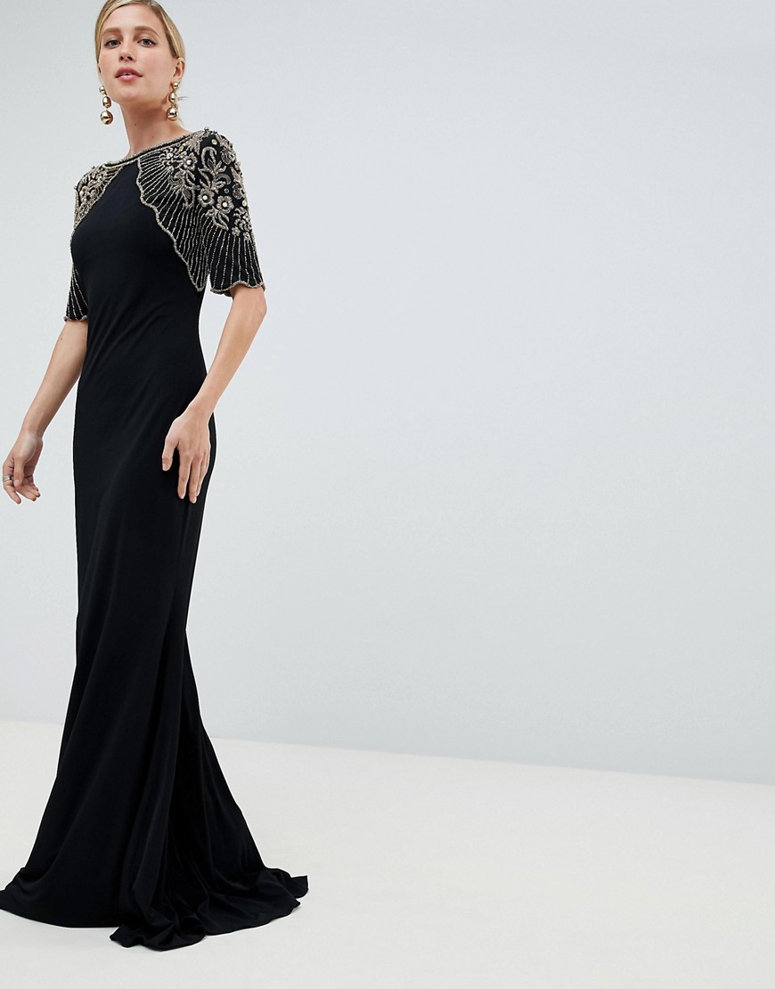 Jovani Maxi Dress With Embellished Cape - Black