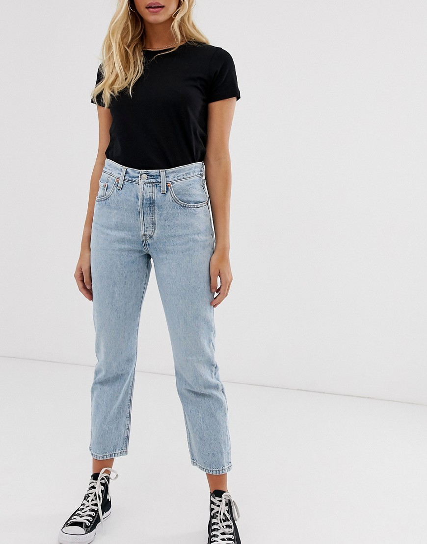 Levi's 501 high rise straight leg crop jeans in mid wash blue