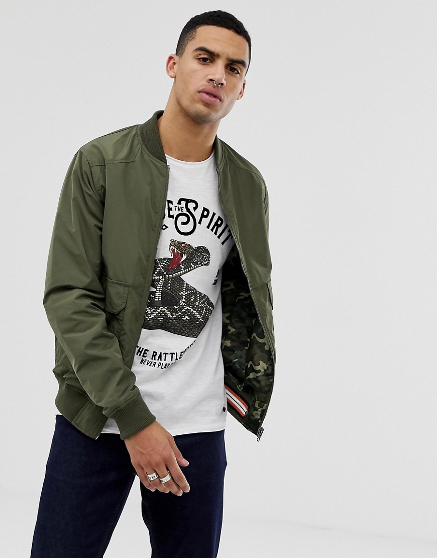 Solid reversable camo and plain bomber in khaki