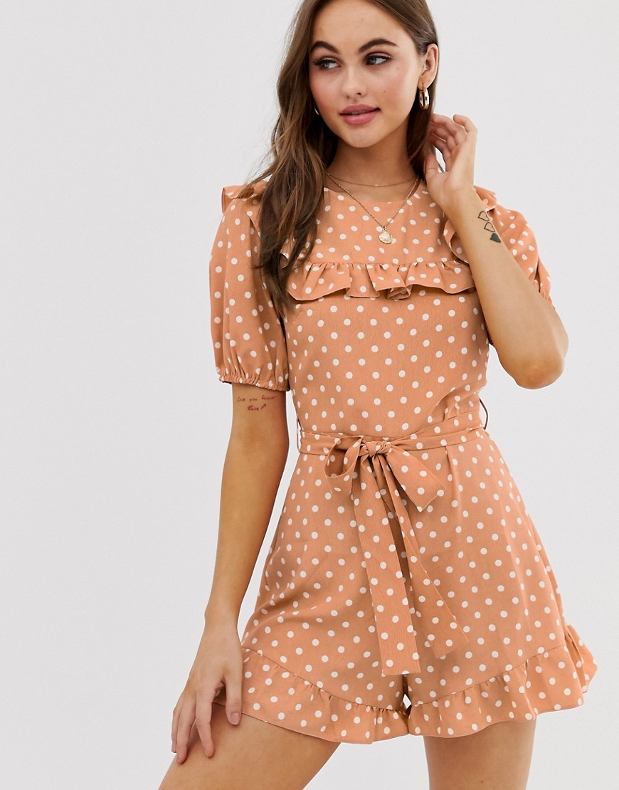 ASOS DESIGN prairie tie waist playsuit with frill hem and ruffle detail in spot print