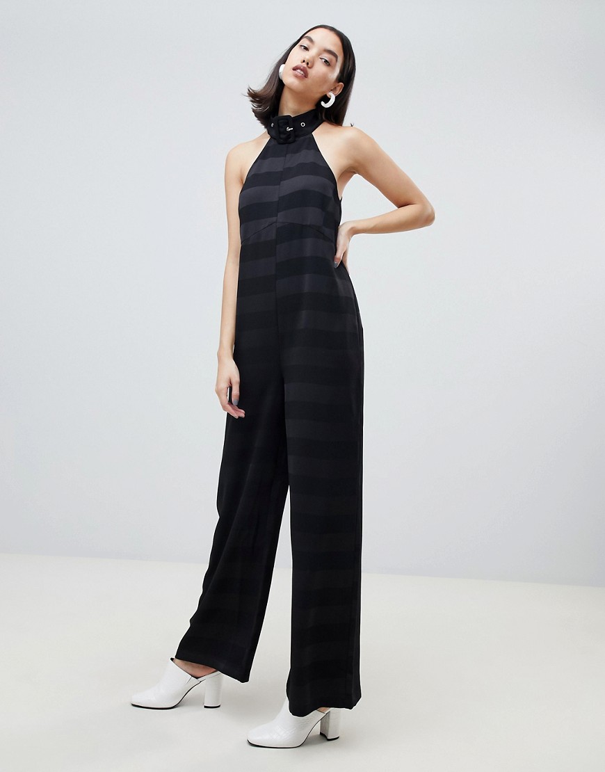 Lost Ink sleeveless jumpsuit with buckle collar in tonal stripe