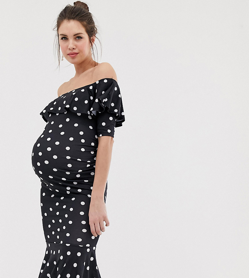 Bluebelle Maternity bardot dress with frill in polka dot print