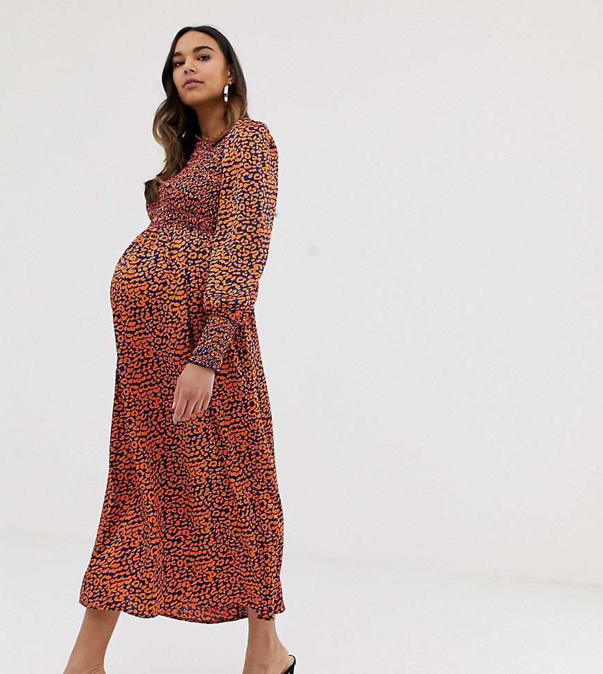 Queen Bee Maternity long sleeve shirred bust midi dress in contrast leopard
