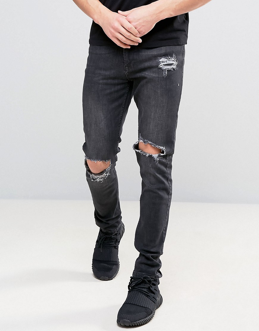 Kubban Washed Black Skinny Jeans with Knee Rips - Black