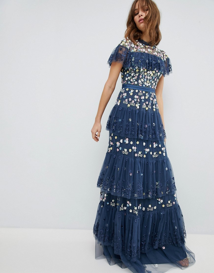 Needle & Thread Tiered Anglais Gown with Contrast Embroidery - Washed indigo