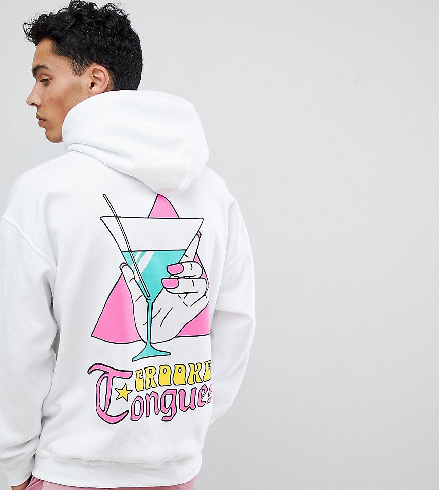 Crooked Tongues oversized hoodie in white with holding glass print - White