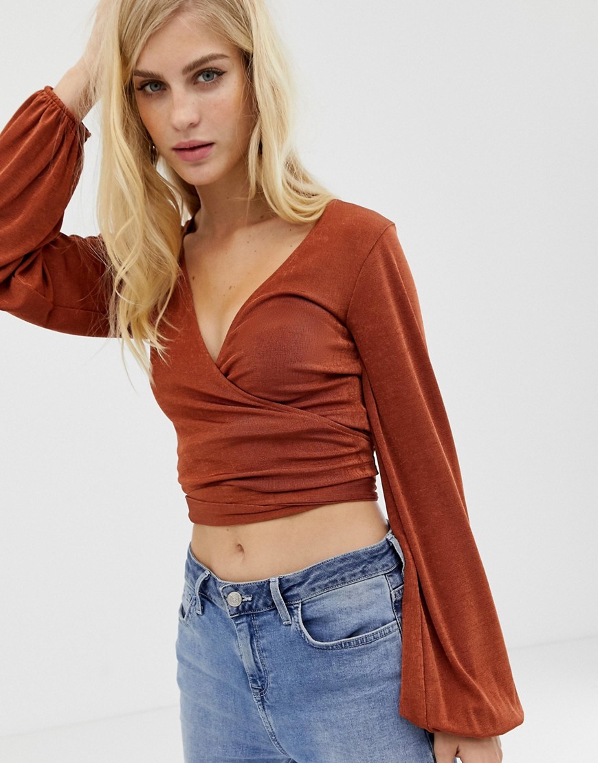 ASOS DESIGN wrap top with bell sleeve in slinky