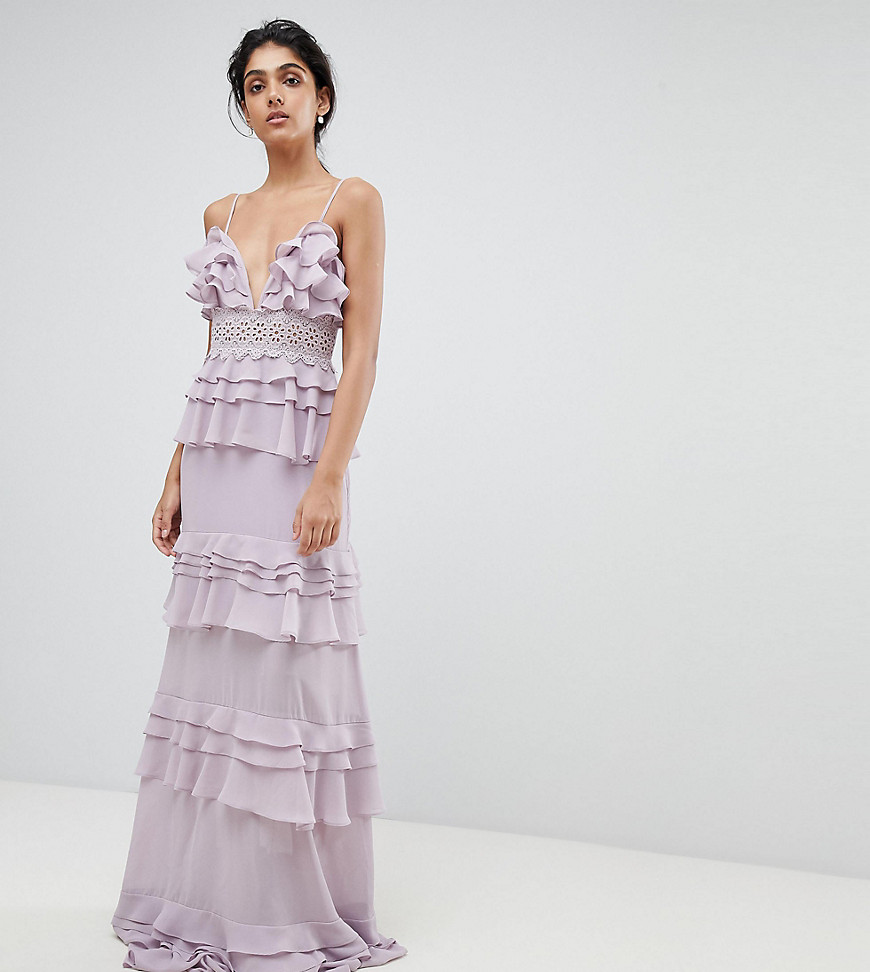 True Decadence Tall Premium Frill Layered Cami Maxi Dress With Lace Insert - Light lilac