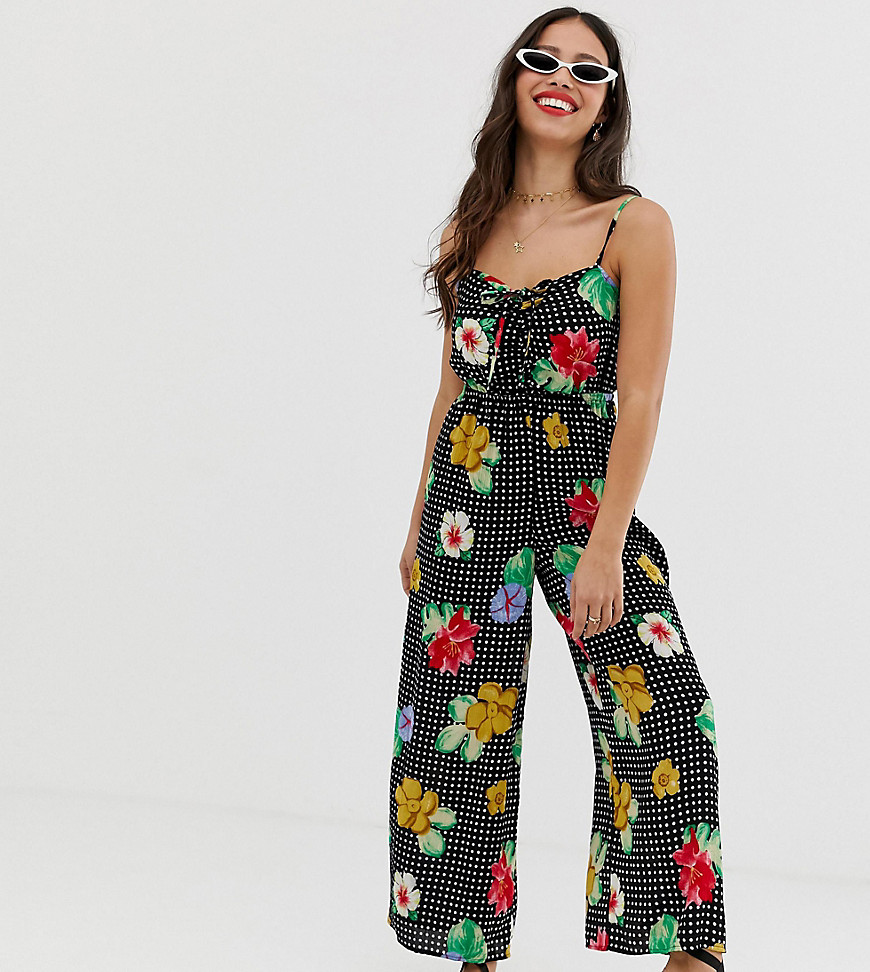 ASOS DESIGN Petite cami jumpsuit with gathered bodice in floral print