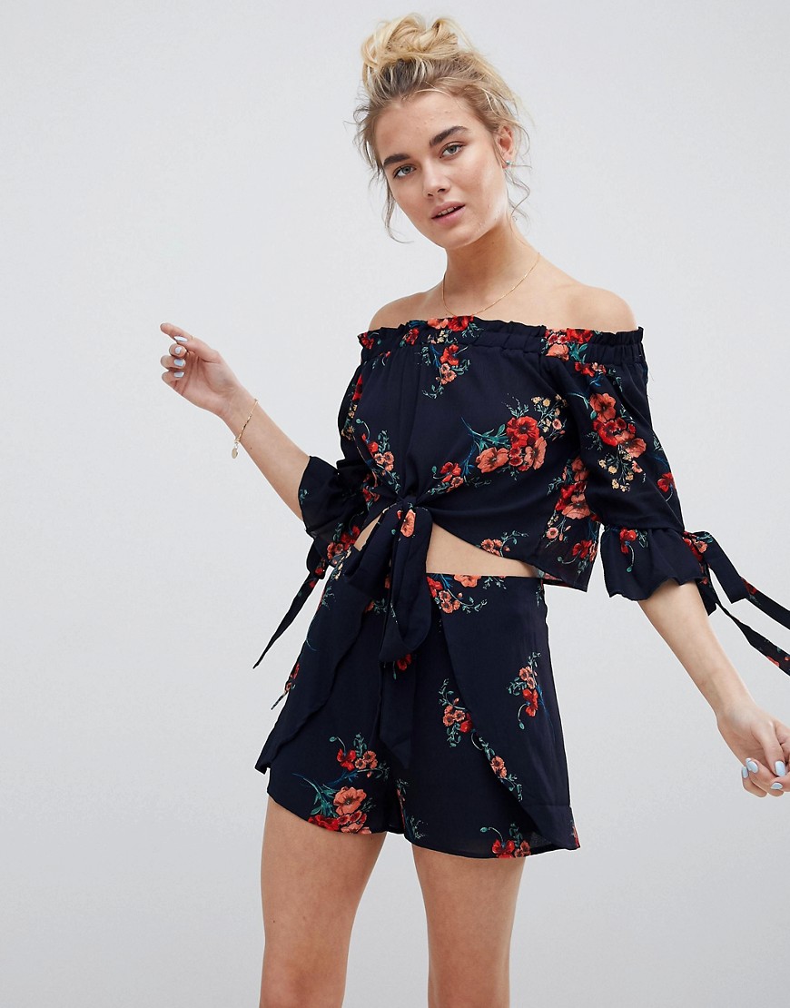 Love & Other Things Floral Long Sleeve Tie Waisted Crop Top - Black