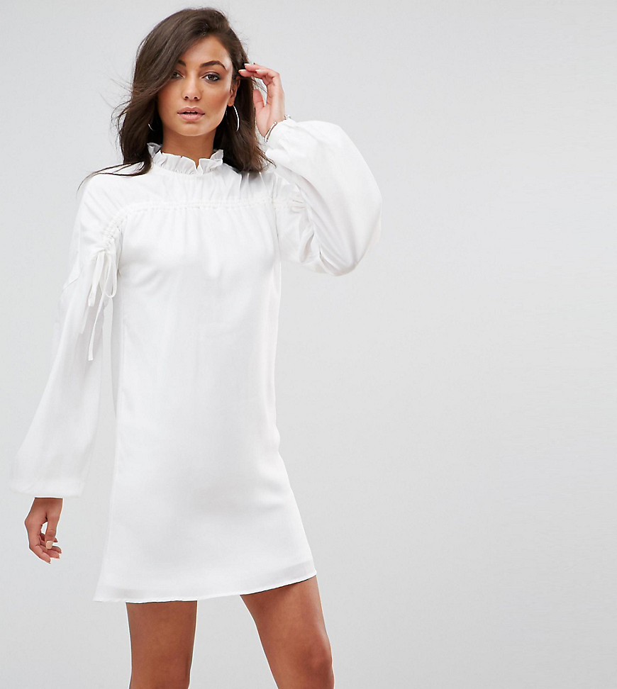 Fashion Union Tall Long Sleeve Smock Dress With Ribbon Tie Gathers - White