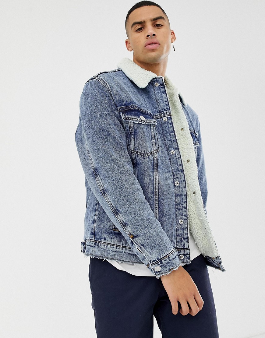 Bershka denim jacket in mid blue with borg collar and lining