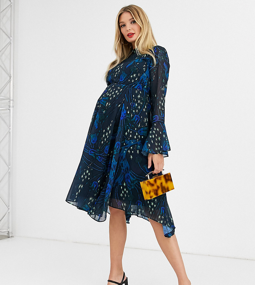 Hope & Ivy Maternity high neck midi dress with fluted sleeve and hem in cuff in contrast floral and star print