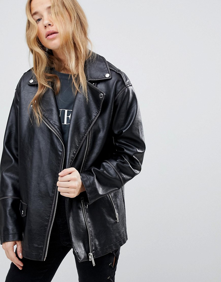 Miss Selfridge Oversized Leather Look Biker Jacket - Black