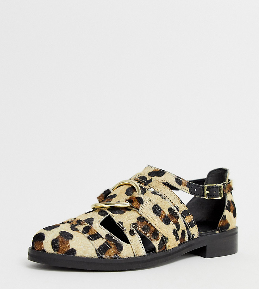 ASOS DESIGN Wide Fit Villa premium leather flat shoes in leopard