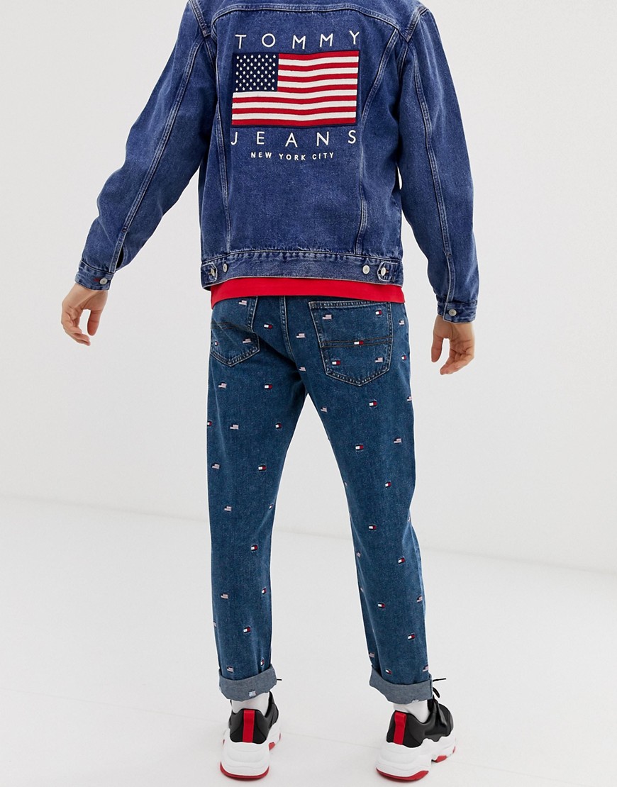 Tommy Jeans US Flag Capsule all over flag embroidery regular fit dad jean in mid wash