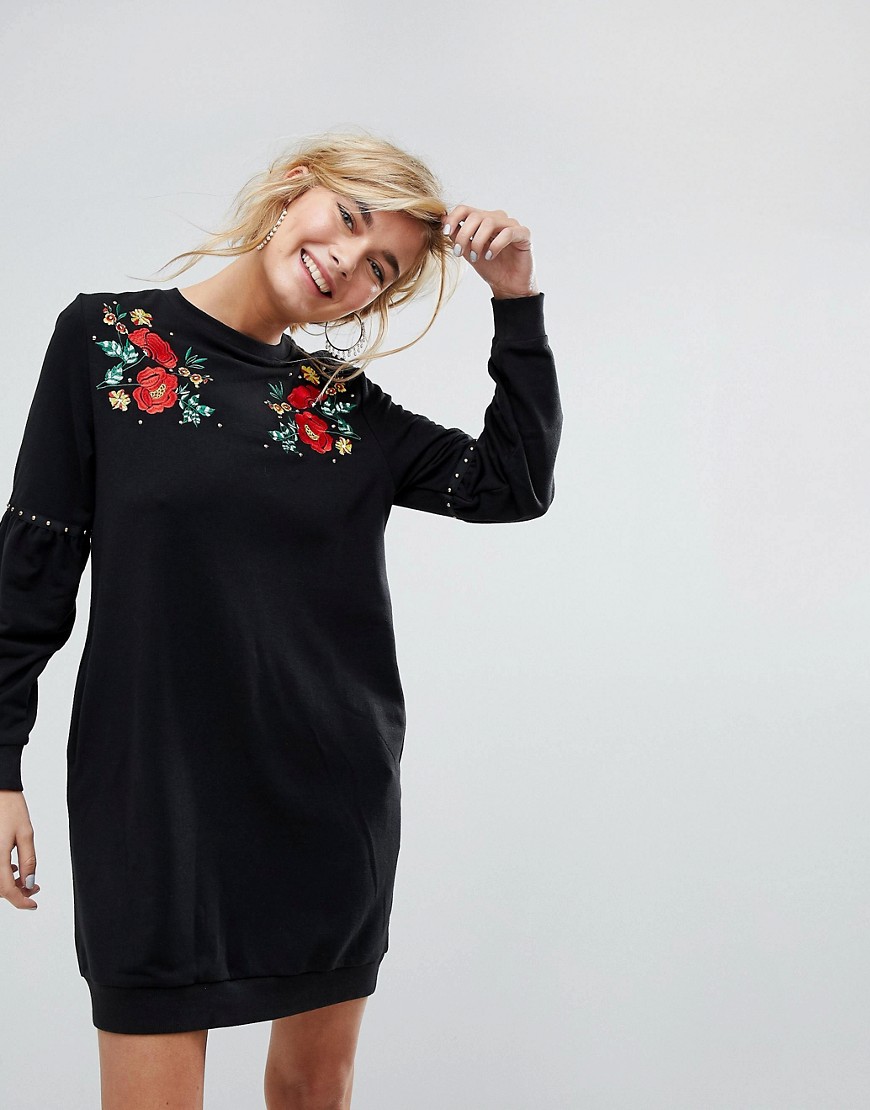 Willow And Paige Relaxed Sweat Dress With Balloon Sleeves And Floral Embroidery - Black