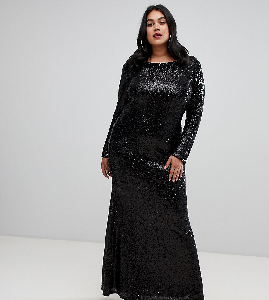Outrageous Fortune Plus sequin long sleeve maxi dress with cowl back in black - Black