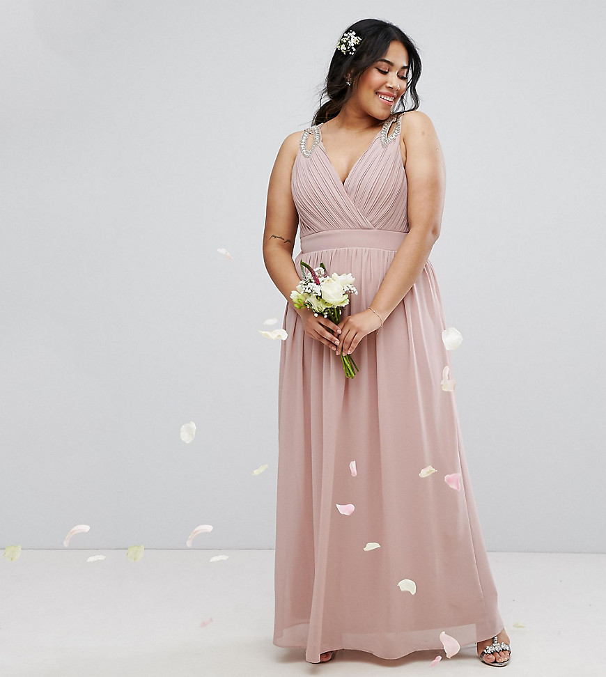 TFNC Plus Wrap Embellished Maxi Bridesmaid Dress - Pink