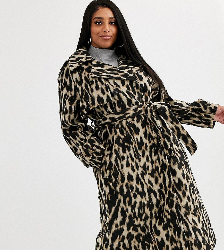 ASOS DESIGN Curve oversized leopard belted coat