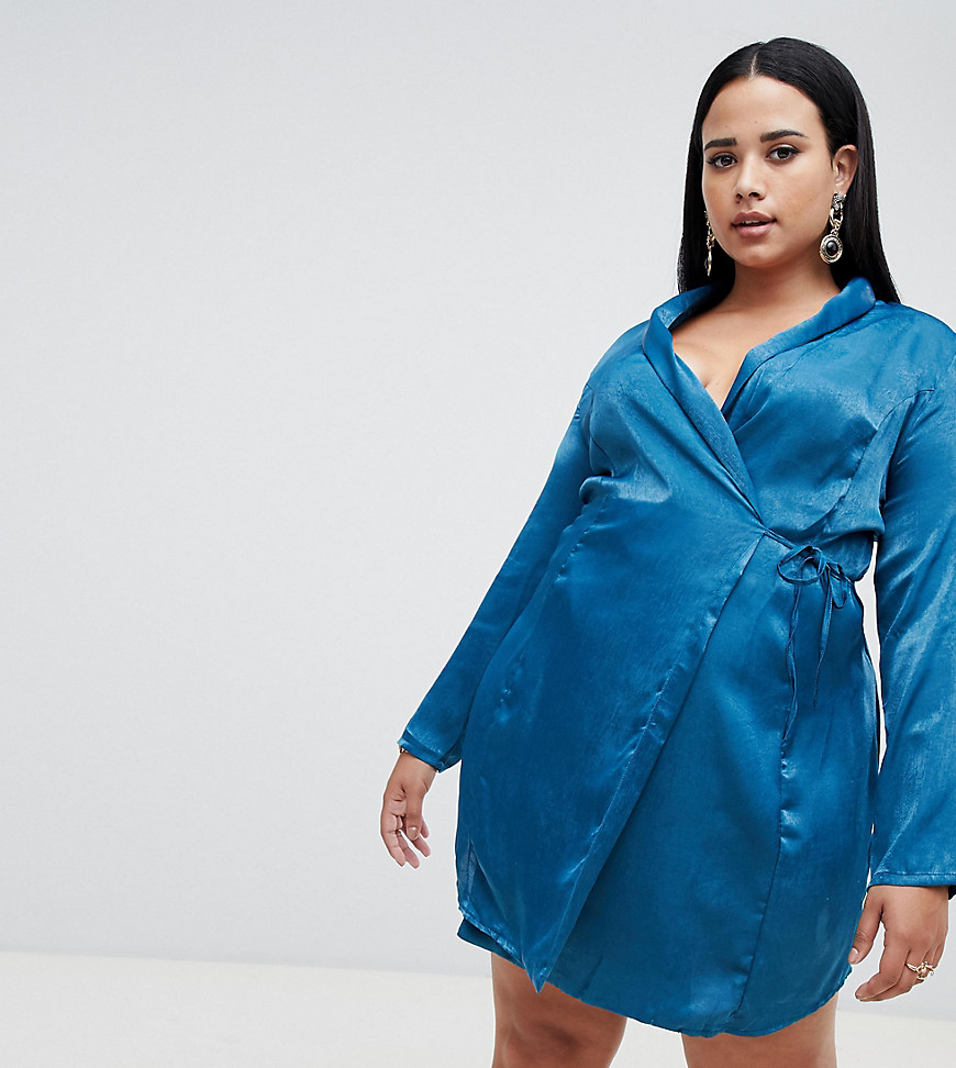 Missguided Plus hammered satin tie side wrap dress in teal
