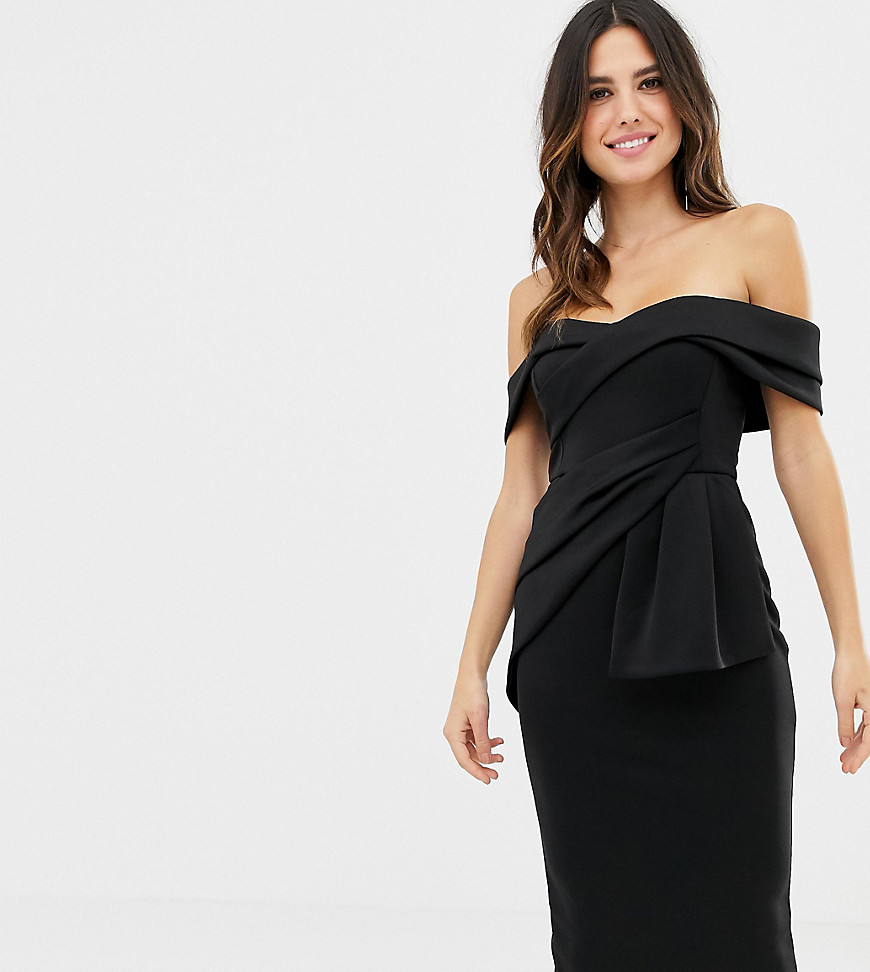 Asos Design Bardot Fold Wrap Front Midi Pencil Dress-black