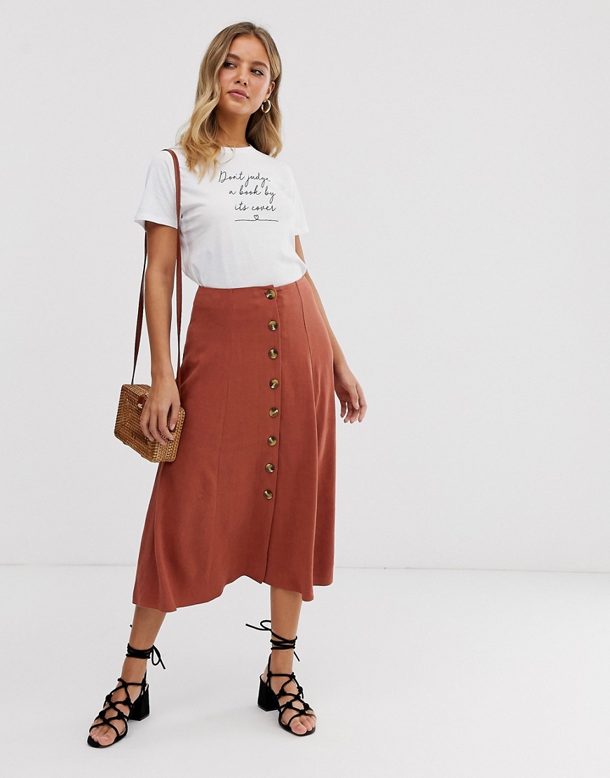 New Look Button Through Midi Skirt In Brick Clay-tan