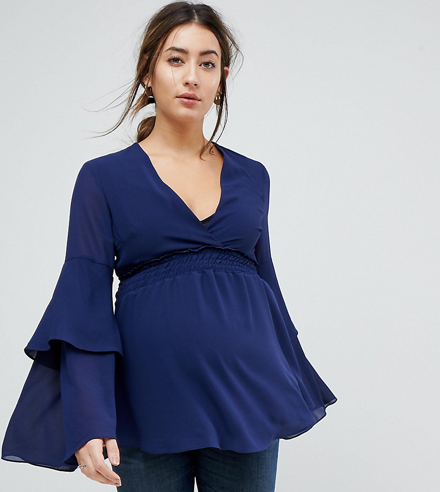 TFNC Maternity Wrap Front Chiffon Top with Fluted Sleeve - Navy