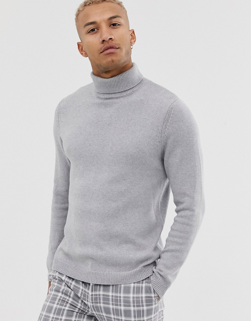ASOS DESIGN midweight cotton roll neck jumper in light grey