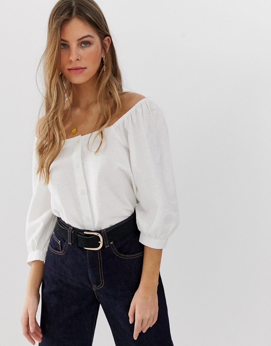 ASOS DESIGN 3/4 sleeve square neck top with button detail in linen