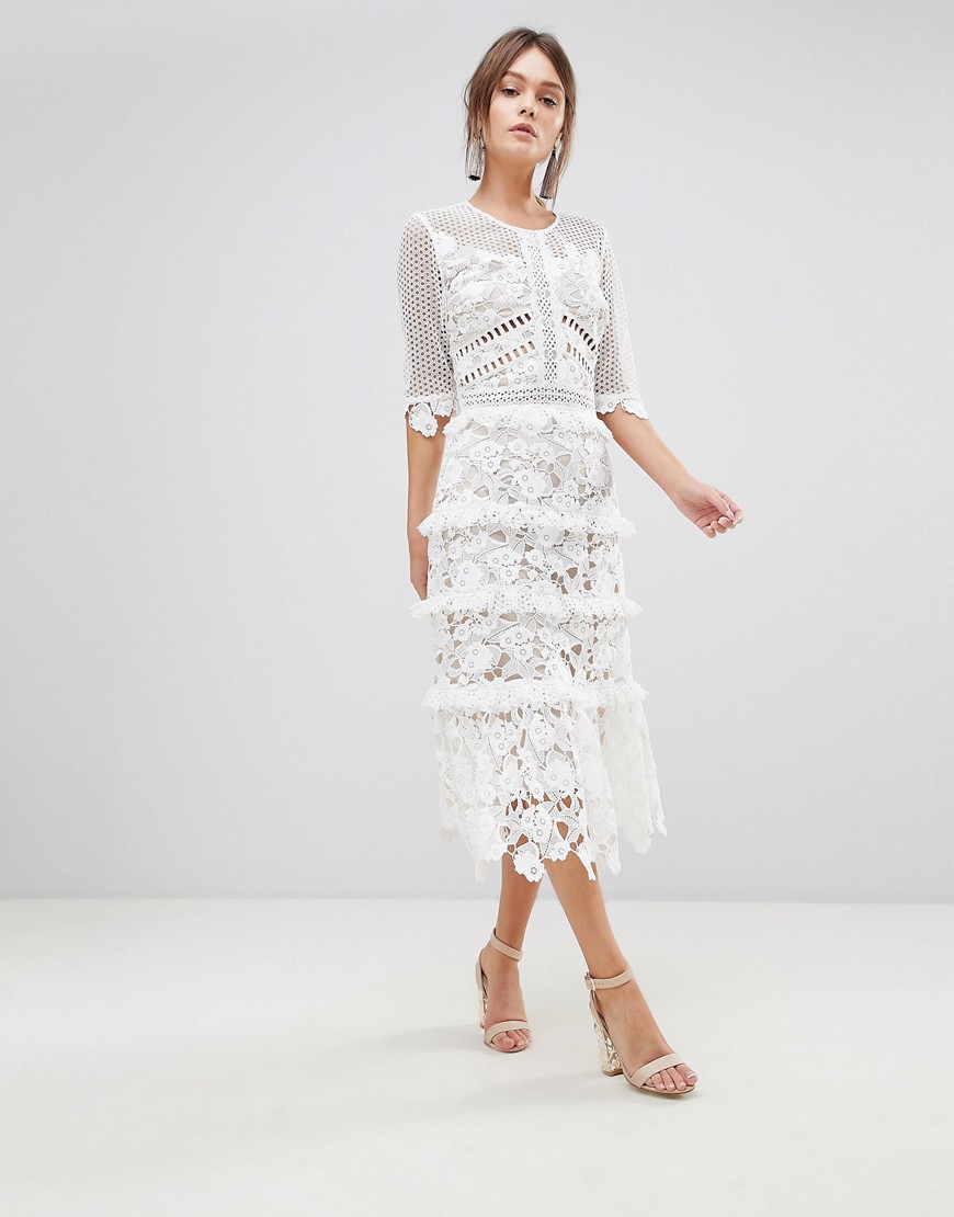 True Decadence Premium All Over Cutwork Lace Contrast Midi Dress With Frill Sleeve Detail - White