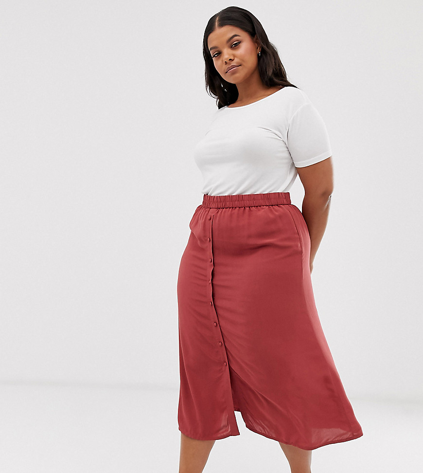 Vero Moda Curve Aware midi skirt with button through in washed red